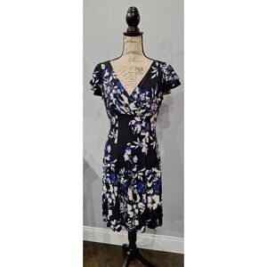 EUC Lauren Ralph Lauren Navy Blue Floral Petite Flutter Sleeve A-Line Dress/Sz.